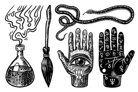 Mystical magic boho elements. Witchcraft astrological set. Esoteric alchemy Illustrazione stock