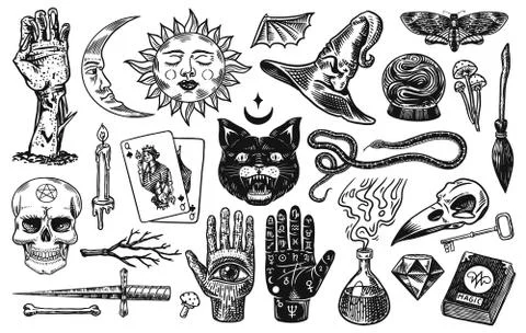 Mystical magic boho elements. Witchcraft astrological set. Esoteric alchemy Stock Illustration