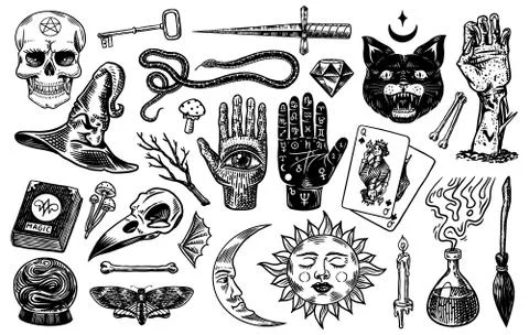 Mystical magic boho elements. Witchcraft voodoo astrological set. Esoteric Stock Illustration