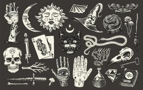 Mystical magic boho elements. Witchcraft astrological set. Esoteric alchemy Stock Illustration