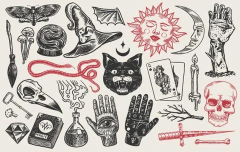 Mystical magic boho elements. Witchcraft astrological set. Esoteric alchemy イラスト素材