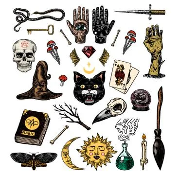 Mystical magic boho elements. Witchcraft astrological set. Esoteric alchemy Illustrazione stock