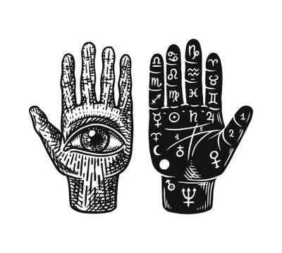 Mystical magic palmistry. Esoteric or alchemy occult sketch for tattoo. Fate in Stock Illustration