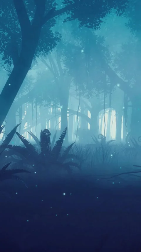 Mystical night forest with blue magic firefly lights Stock Footage 346793870