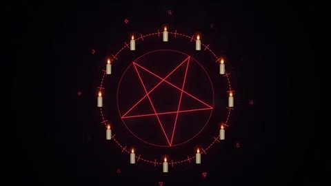 Mystical occult circle with glowing red pentagram and candles Stock Footage 343380865