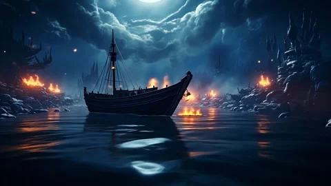 Mystical Ocean Waves Under Moonlight &amp; Firelight - Fantasy 4K Animation Loop Stock Footage 305925227