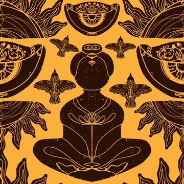 Mystical pattern. Man in lotus position, eyes, sun. Vector seamless pattern.. Illustrazione stock