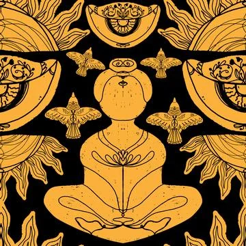 Mystical pattern. Man in lotus position, eyes, sun. Vector seamless pattern Stock Illustration