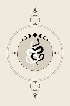 Mystical round frame and two snakes, yin and yang, black an white, moon phases Stock Illustration