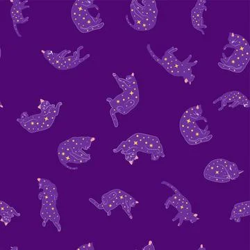 Mystical seamless pattern of cats in boho style, silhouette collection. Witch Stock Illustration