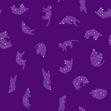 Mystical seamless pattern of cats in boho style, silhouette collection. Witch 스톡 일러스트