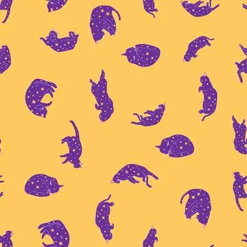 Mystical seamless pattern of cats in boho style, silhouette collection. Witch Stock Illustration