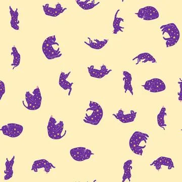 Mystical seamless pattern of cats in boho style, silhouette collection. Witch 스톡 일러스트