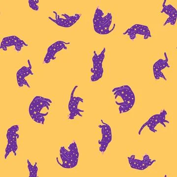 Mystical seamless pattern of cats in boho style, silhouette collection. Witch Stock Illustration