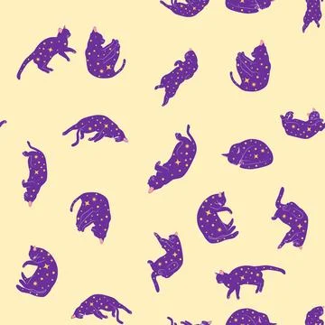 Mystical seamless pattern of cats in boho style, silhouette collection. Witch Stock Illustration