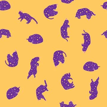 Mystical seamless pattern of cats in boho style, silhouette collection. Witch 스톡 일러스트