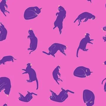 Mystical seamless pattern of cats in boho style, silhouette collection. Witch 스톡 일러스트