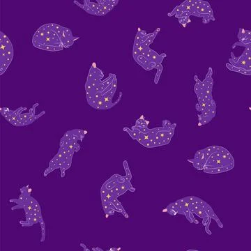Mystical seamless pattern of cats in boho style, silhouette collection. Witch Stock Illustration