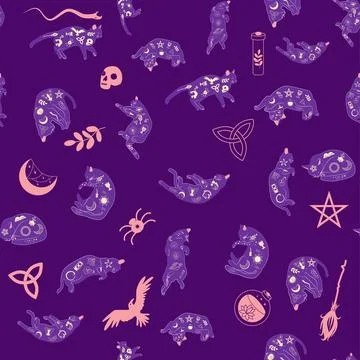 Mystical seamless pattern of cats in boho style, silhouette collection. Esote 스톡 일러스트