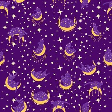 Mystical seamless pattern of cats in boho style, silhouette collection. Esote 스톡 일러스트