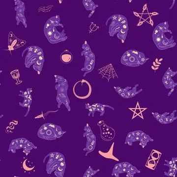 Mystical seamless pattern of cats in boho style, silhouette collection. Wit.. Stock Illustration