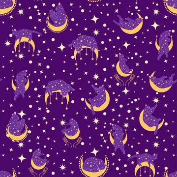 Mystical seamless pattern of cats in boho style, silhouette collection. Wit.. 스톡 일러스트