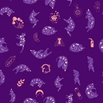 Mystical seamless pattern of cats in boho style, silhouette collection. Wit.. 스톡 일러스트