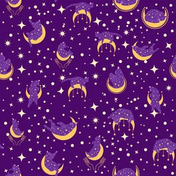 Mystical seamless pattern of cats in boho style, silhouette collection. Wit.. 스톡 일러스트
