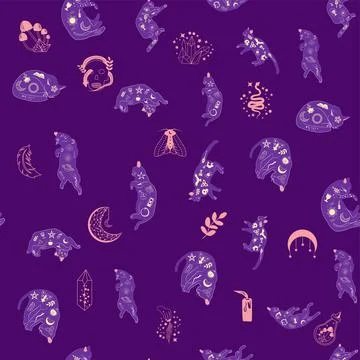 Mystical seamless pattern of cats in boho style, silhouette collection. Wit.. 스톡 일러스트