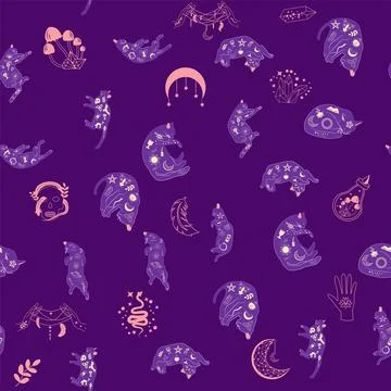 Mystical seamless pattern of cats in boho style, silhouette collection. Wit.. Stock Illustration