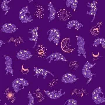 Mystical seamless pattern of cats in boho style, silhouette collection. Wit.. 스톡 일러스트