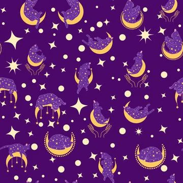 Mystical seamless pattern of cats in boho style, silhouette collection. Wit.. 스톡 일러스트