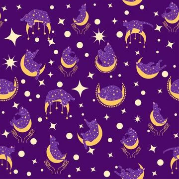 Mystical seamless pattern of cats in boho style, silhouette collection. Wit.. 스톡 일러스트