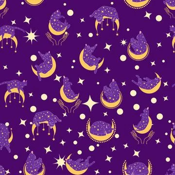 Mystical seamless pattern of cats in boho style, silhouette collection. Wit.. 스톡 일러스트
