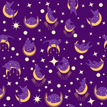 Mystical seamless pattern of cats in boho style, silhouette collection. Wit.. Stock Illustration