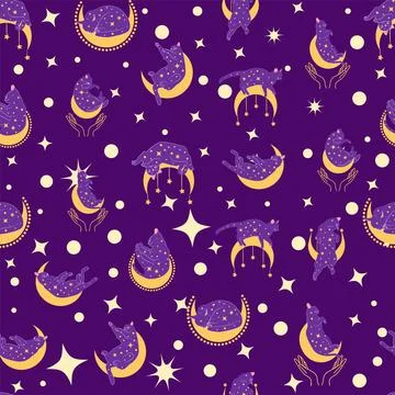 Mystical seamless pattern of cats in boho style, silhouette collection. Wit.. 스톡 일러스트