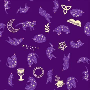 Mystical seamless pattern of cats in boho style, silhouette collection. Wit.. 스톡 일러스트