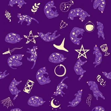 Mystical seamless pattern of cats in boho style, silhouette collection. Esote 스톡 일러스트