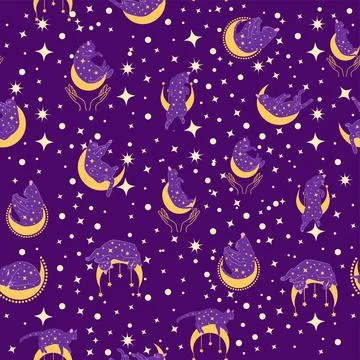 Mystical seamless pattern of cats in boho style, silhouette collection. Esote 스톡 일러스트