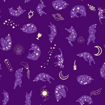 Mystical seamless pattern of cats in boho style, silhouette collection. Wit.. 스톡 일러스트