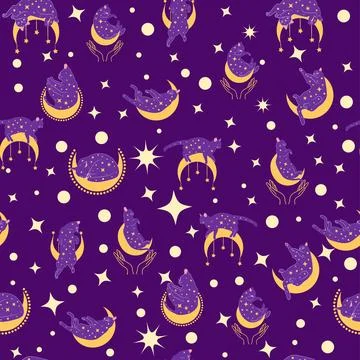 Mystical seamless pattern of cats in boho style, silhouette collection. Esote 스톡 일러스트