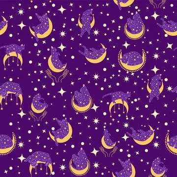 Mystical seamless pattern of cats in boho style, silhouette collection. Wit.. イラスト素材