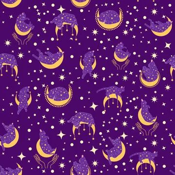 Mystical seamless pattern of cats in boho style, silhouette collection. Wit.. 스톡 일러스트