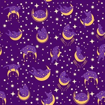 Mystical seamless pattern of cats in boho style, silhouette collection. Wit.. 스톡 일러스트