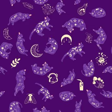 Mystical seamless pattern of cats in boho style, silhouette collection. Esote 스톡 일러스트