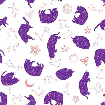 Mystical seamless pattern of cats in boho style, silhouette collection. Wit.. Illustrazione stock