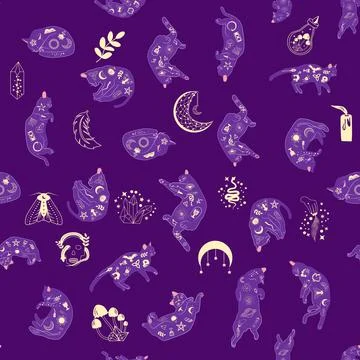 Mystical seamless pattern of cats in boho style, silhouette collection. Wit.. 스톡 일러스트