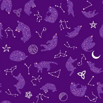 Mystical seamless pattern of cats in boho style, silhouette collection. Wit.. 스톡 일러스트