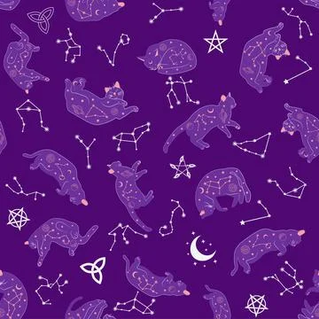 Mystical seamless pattern of cats in boho style, silhouette collection. Wit.. Illustration