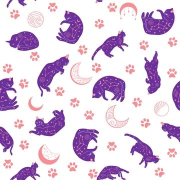 Mystical seamless pattern of cats in boho style, silhouette collection. Esote 스톡 일러스트